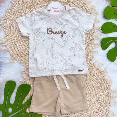 Conj. Camiseta Breeze e Bermuda em Moletinho - Areia e Marrom